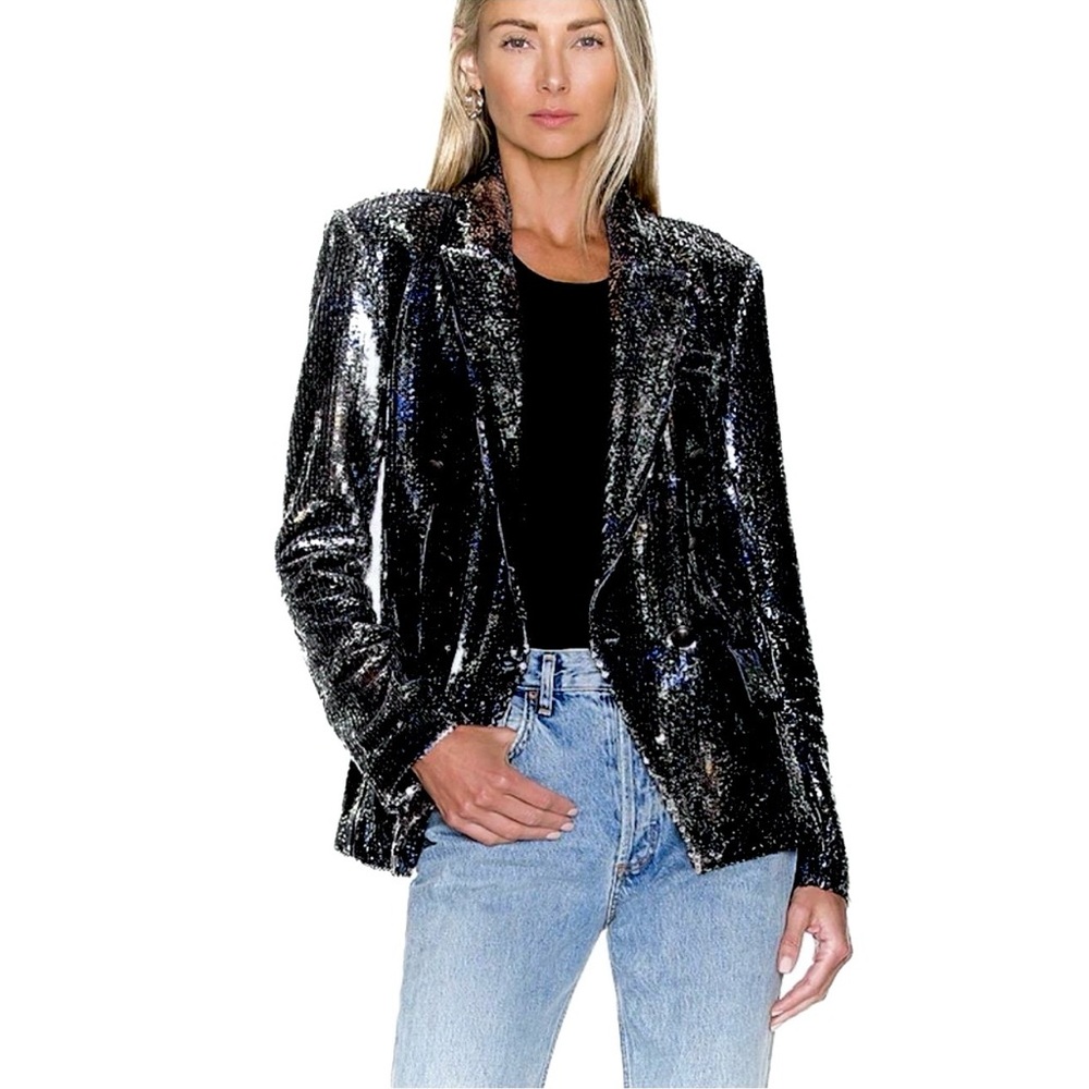 L'AGENCE Kenzie Black Sequin Double Breast Blazer Pockets Designer Luxury Sz 4